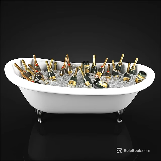 Luxury Champagne Bottles in White Bathtub Filled with Ice Gold Labels and Silver Feet 3d model 