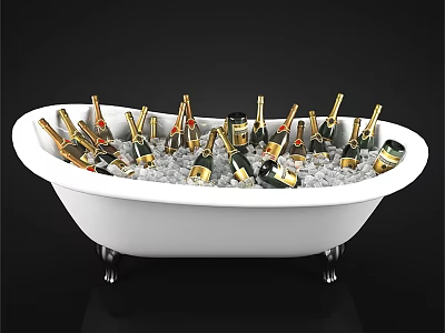 Luxury Champagne Bottles in White Bathtub Filled with Ice Gold Labels and Silver Feet 3d model