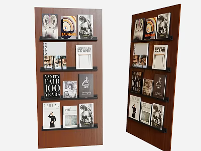 Brown Wooden Bookcase Displaying Books with Black and White and Colorful Covers and Decorative Prints 3d model