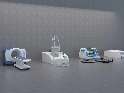 Modern Medical Equipment In Gray Healthcare Facility With CT Scanner Monitoring Device And Tubing Unit 3d model