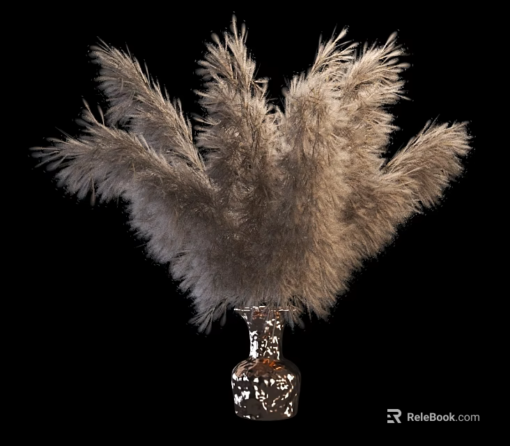 Decorative Silver Shiny Vase With Feathery Pampas Grass On Black Background 3d model 