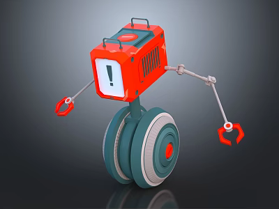 Red Robot With Square Body Exclamation Mark Sign Large Wheel Mechanical Arms And Red Clamps 3d model