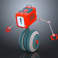 Red Robot With Square Body Exclamation Mark Sign Large Wheel Mechanical Arms And Red Clamps