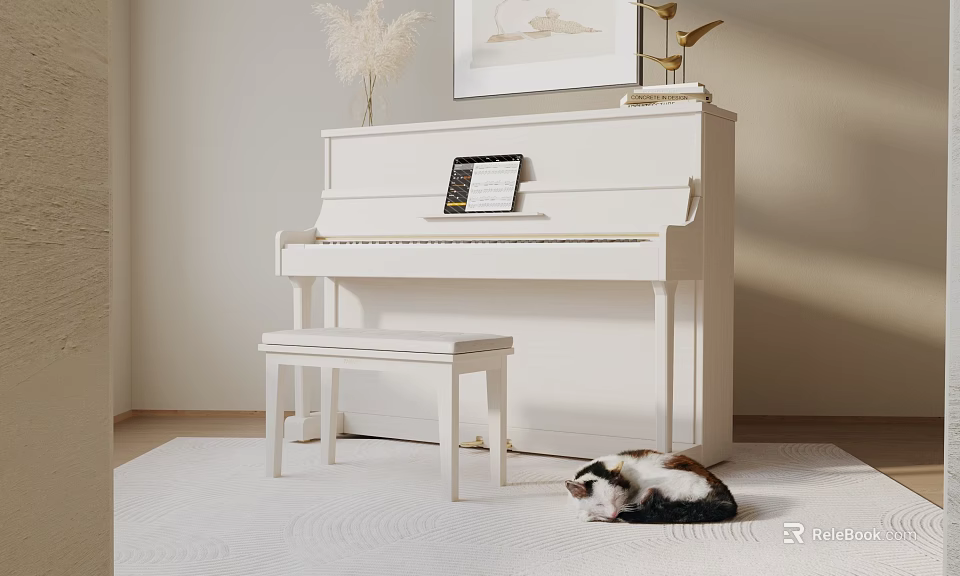 Elegant Interior with White Piano Bench Music Sheet Wall Painting Pampas Grass and Cat 3d model 