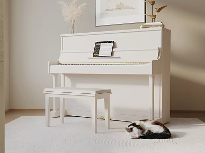 Elegant Interior with White Piano Bench Music Sheet Wall Painting Pampas Grass and Cat 3d model