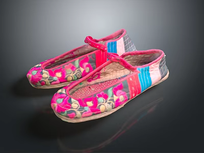 Traditional Embroidered Cloth Shoes With Colorful Floral Patterns And Pink Blue Details 3d model
