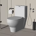 Modern White Toilet In Bathroom Interior With Toilet Paper Holder And Shower Area