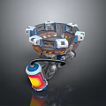 Circular Futuristic Mechanical Platform With Multiple Illuminated Console Units And Metallic Pipes