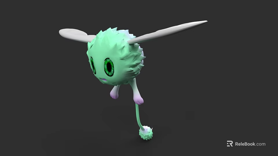 Cute Green Fluffy Creature With Big Eyes White Wings And Long Tail 3d model 