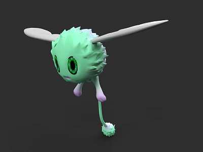 Cute Green Fluffy Creature With Big Eyes White Wings And Long Tail 3d model