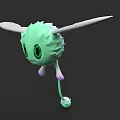 Cute Green Fluffy Creature With Big Eyes White Wings And Long Tail