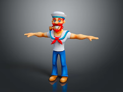 Cartoon Sailor Game Movie Character With Arms Outstretched White Hat Red Bowtie And Blue Pants 3d model
