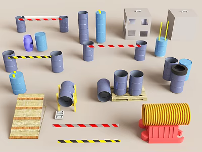 Obstacle Course Training Equipment with Barrels Striped Tape Wooden Planks and Rollers 3d model