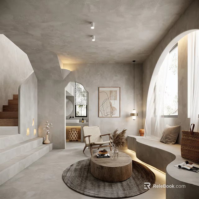 Modern Minimalist Living Room Interior With Arched Design Gray Walls White Armchair And Natural Light 3d model 