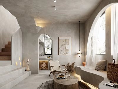 Modern Minimalist Living Room Interior With Arched Design Gray Walls White Armchair And Natural Light 3d model
