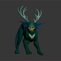 Mythical Green Feline Creature With Antlers Blue Ears And Yellow Spots