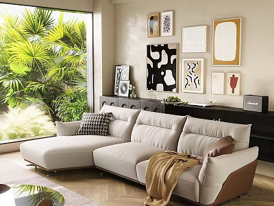 Light L Shaped Sectional Sofa With Pillows Throw Blanket And Decorative Paintings By Large Window 3d model