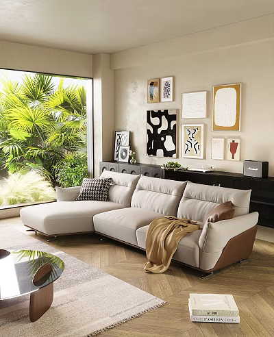 Light L Shaped Sectional Sofa With Pillows Throw Blanket And Decorative Paintings By Large Window 3d model