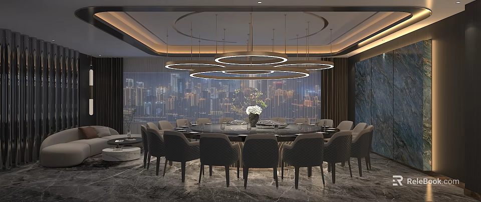 Elegant Modern Dining Room With Round Table Chandelier City Night View Marble Floor Gray Chairs 3d model 