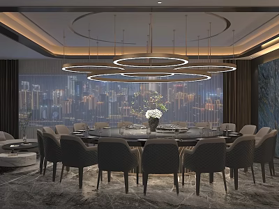 Elegant Modern Dining Room With Round Table Chandelier City Night View Marble Floor Gray Chairs 3d model