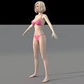 Woman wearing pink bikini standing with arms outstretched on gray floor against black background