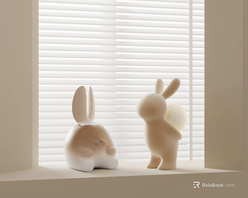 Sitting And Standing Rabbit Figurines On Window Sill With White Blinds 3d model
