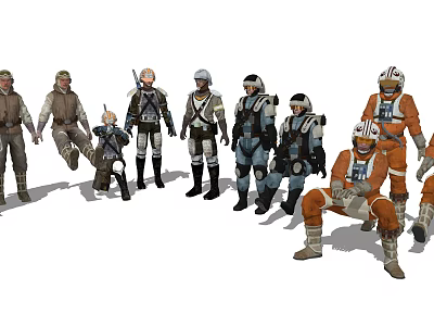 Multiple Game and Movie Characters Wearing Different Sci Fi Uniforms with Helmets and Equipment 3d model