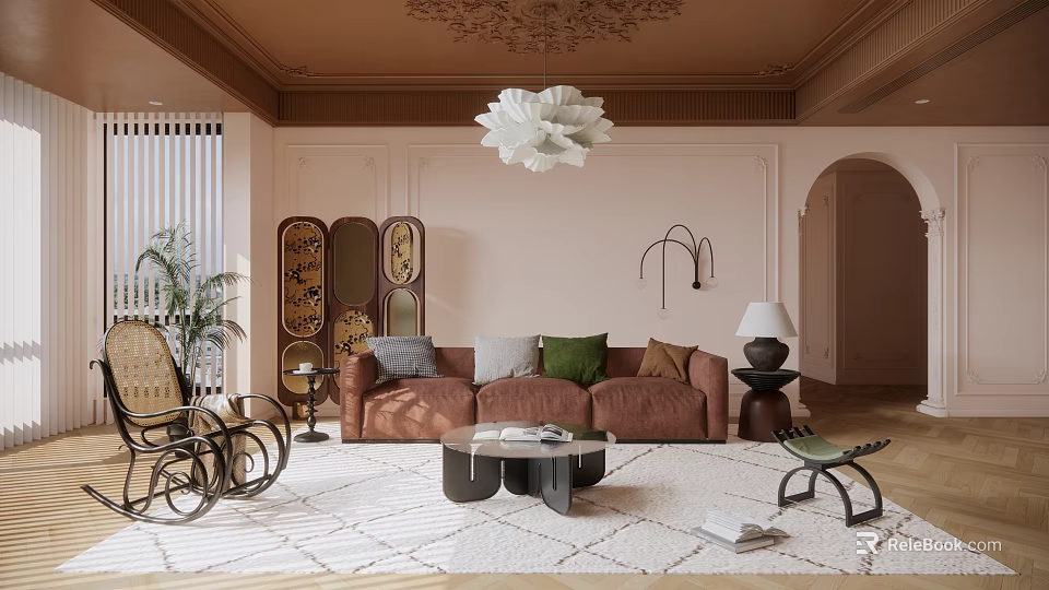 Elegant Modern Living Room with Ornate Ceiling White Chandelier Brown Sofa and Pink Walls 3d model 