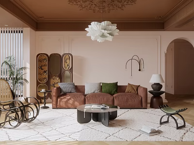 Elegant Modern Living Room with Ornate Ceiling White Chandelier Brown Sofa and Pink Walls 3d model