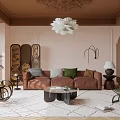 Elegant Modern Living Room with Ornate Ceiling White Chandelier Brown Sofa and Pink Walls