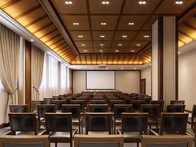 Spacious Conference Room With Neatly Arranged Chairs Projection Screen Wooden Ceiling And Curtains 3d model