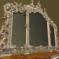 Ornate Entrance Sideboard Cabinet With Carved Detailing Wooden Surface Silver Metal Accents And Top Mirror