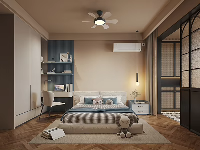 Cozy Kids Room Interior With Bed Desk Chair Bookshelf Ceiling Fan And Stuffed Toy 3d model