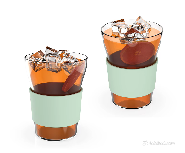 Two Glasses of Refreshing Iced Brown Beverage with Light Green Sleeves and Ice Cubes 3d model 