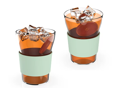 Two Glasses of Refreshing Iced Brown Beverage with Light Green Sleeves and Ice Cubes 3d model