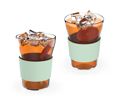 Two Glasses of Refreshing Iced Brown Beverage with Light Green Sleeves and Ice Cubes 3d model