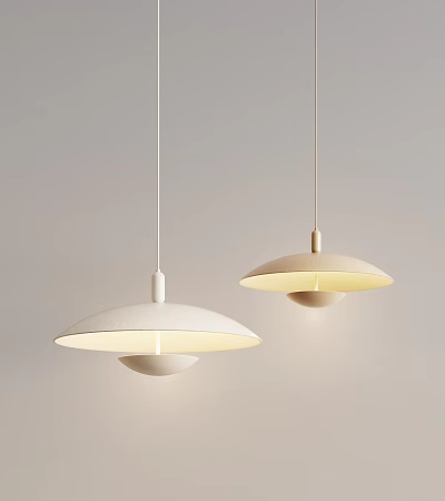 Modern White Pendant Lights Round Disc Shaped Design Two Hanging Against Light Colored Wall 3d model