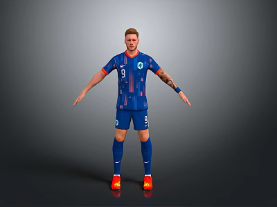Man In Blue Soccer Jersey Number 9 Standing With Arms Outstretched On Gray Background 3d model