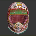 Colorful Sticker Decorated Helmet With Green Accent And Red Visor
