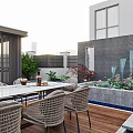 Garden Landscape With Wooden Deck Pergola Dining Table Chairs Swimming Pool And Green Plants