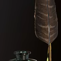 Vintage Quill Pen With Brown Feather And Light Green Ink Bottle Placed On Dark Surface