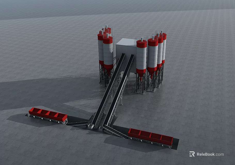 Industrial Equipment With Multiple Red White Silos Conveyor Belts And Red Trucks 3d model 