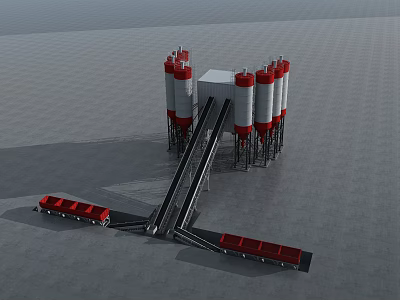 Industrial Equipment With Multiple Red White Silos Conveyor Belts And Red Trucks 3d model
