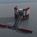 Industrial Equipment With Multiple Red White Silos Conveyor Belts And Red Trucks