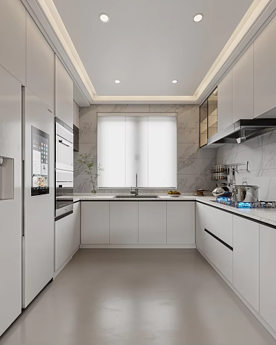 Modern Kitchen Interior Design With White Cabinets Marble Countertops And Appliances 3d model