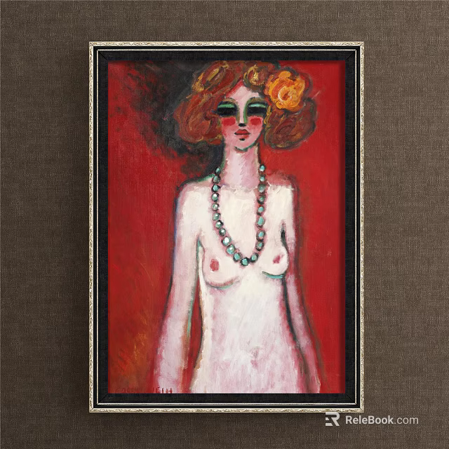 Figure Painting Featuring Nude Woman Red Hair Yellow Flower Green Makeup Blue Necklace Red Background 3d model 