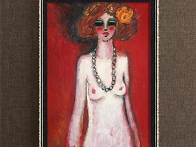 Figure Painting Featuring Nude Woman Red Hair Yellow Flower Green Makeup Blue Necklace Red Background 3d model