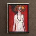 Figure Painting Featuring Nude Woman Red Hair Yellow Flower Green Makeup Blue Necklace Red Background