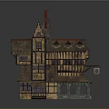Cartoon Style Vintage House With Wooden Structure Red Roof Chimney Windows And Signboard