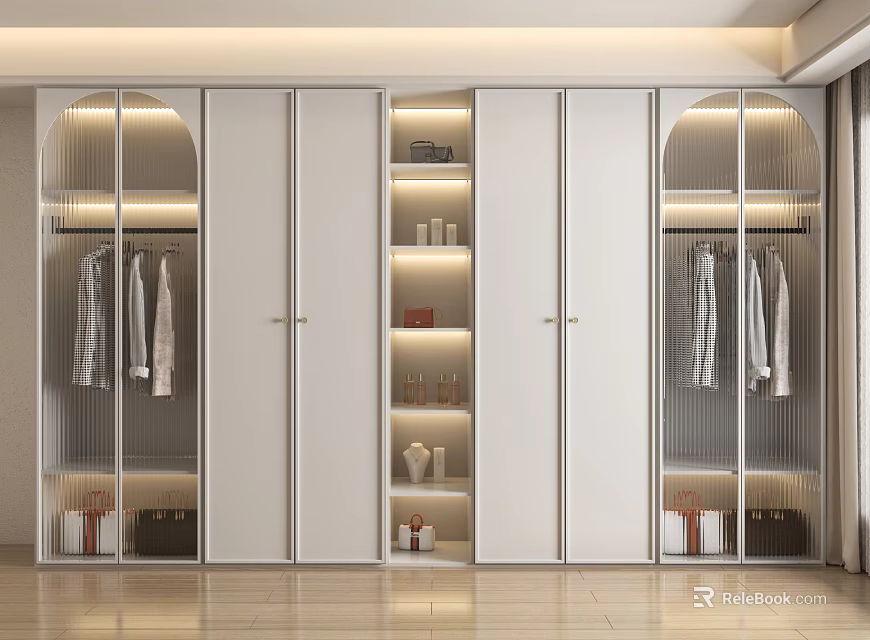 Modern Minimalist Wardrobe with Glass Doors Hanging Area Shelves and Interior Lighting 3d model 